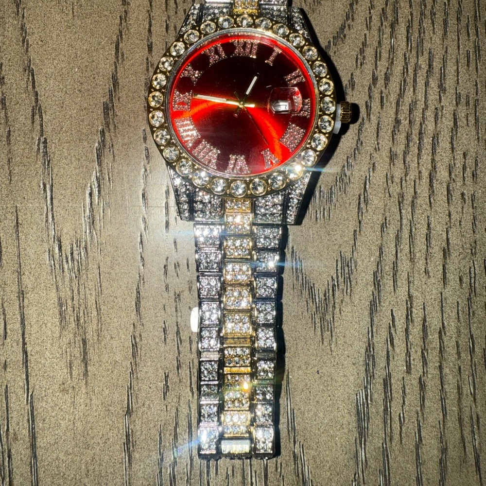 Red and Gold Crystal Watch and a sliver watch, black face beautiful trim